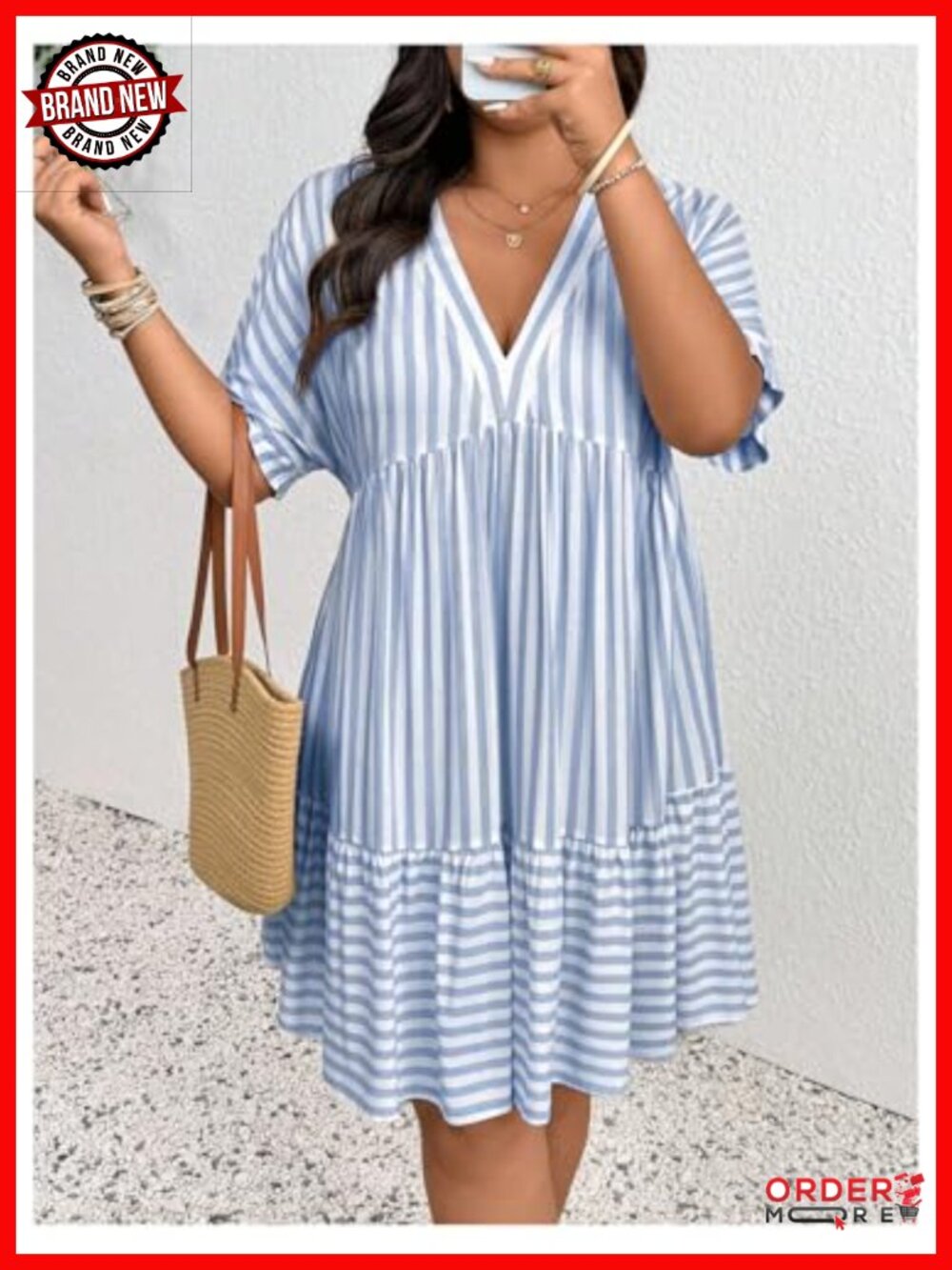 Plus Size Striped Ruffle Dress Deep V Neck Half Sleeve A-Line Babydoll Summer - Picture 4 of 4